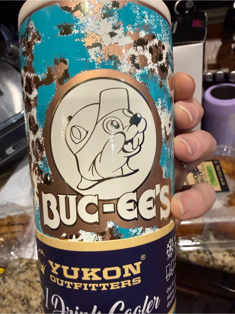 NWT Buc-ee's Yukon Outfitters Drink Cooler- Teal, Brown, White Metallic Leopard